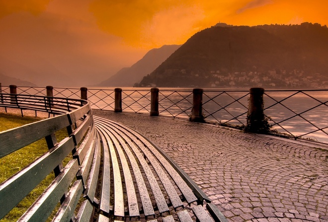 lake, mountain, reflextion, water, sky, blue, bench