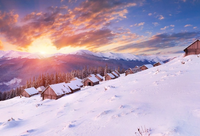 winter, trees, snow, path, mountain, moon, cabin