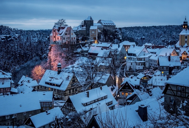 city, night, snow, winter