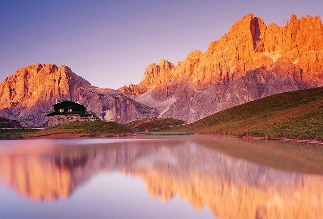 lake, mountain, sky, purple, water, clouds