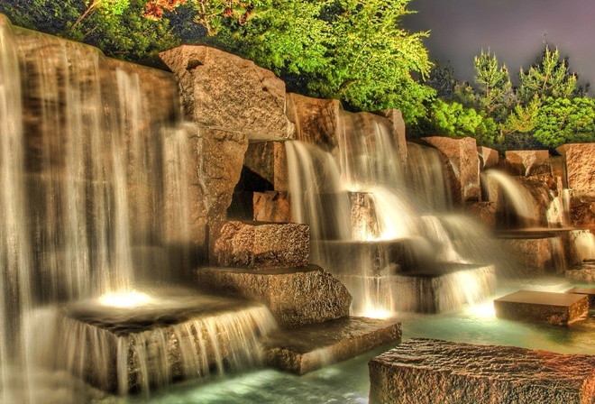 waterfall, artificial, water, wall