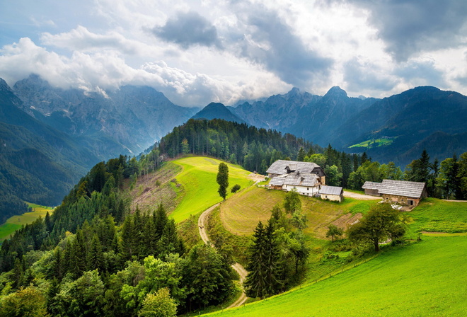 mountain, gree, grass, sky, road, tree, cottage