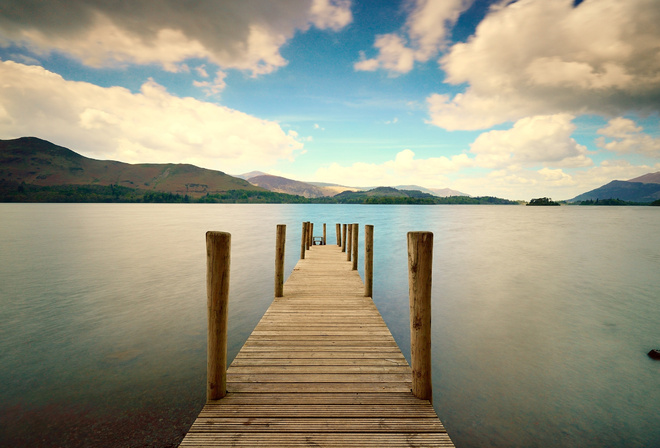 dock, lake, water, mountain