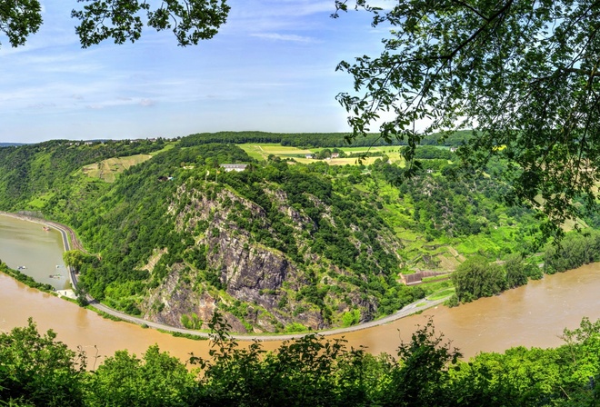 river, path, tree, mountain