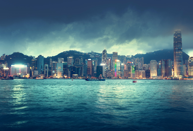 Hong kong, china, city, skyline, sea, river, ships, buildings, sky, clouds, night, lights, , , , , , , , , , , , , beautiful, landscape, , 