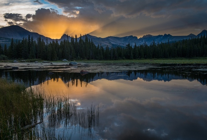 sunrise, mountain, lake, sky