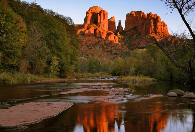 mountain, lake, rock, tree, water