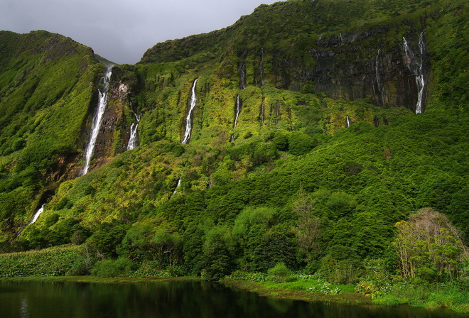 mountain, waterfall, tree, water, green