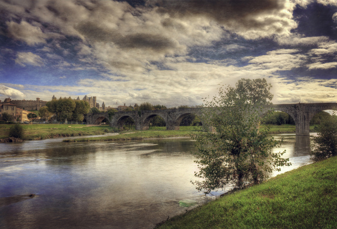 river, building, houses, water, tree