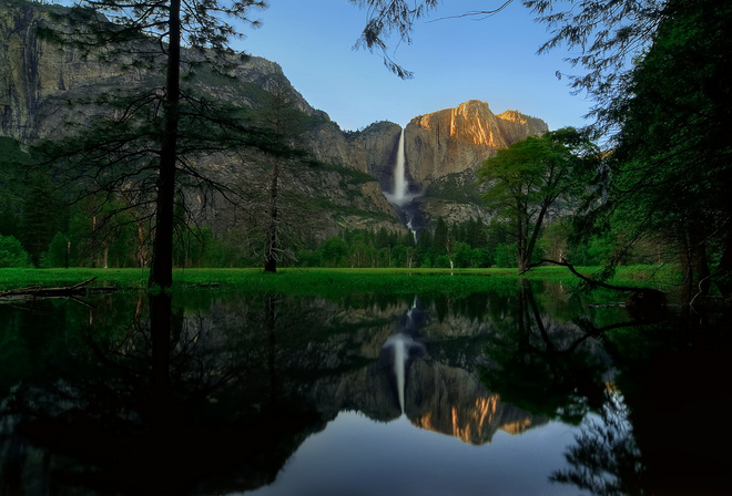 waterfall, mountain, water, river, rock, yosemite, tree