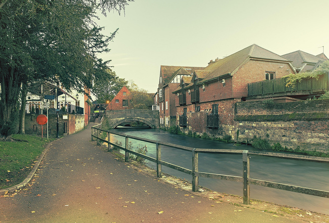 river, houses, tree, park, bench, water, autumn