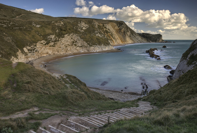 ocean, mountain, water, stand, path, grass