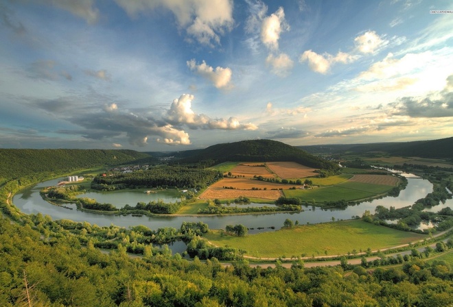 delta, river, town, tree, water, grass, mountain, green, naturals