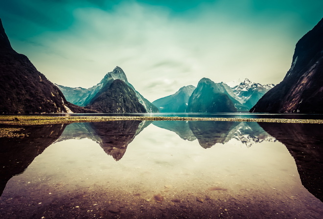 lake, mountain, water, sky, clouds, reflection