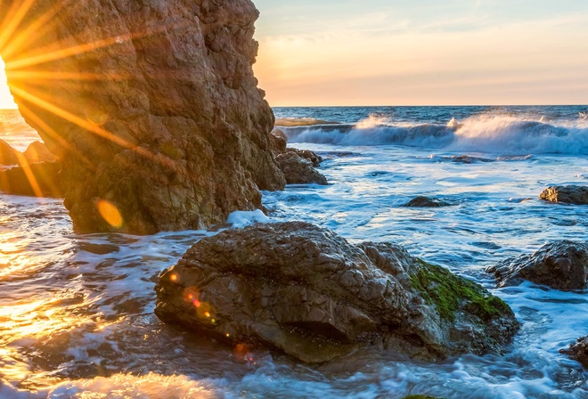 sunrise, rock, sun, ocean, water, sea, sky, beach, sand