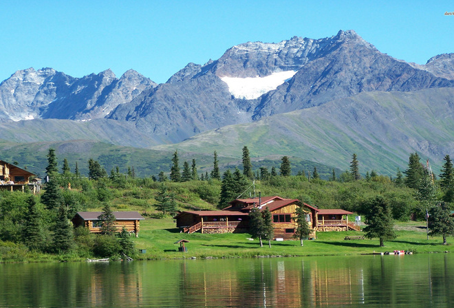 lake, housess, mountain, water, tree, grass