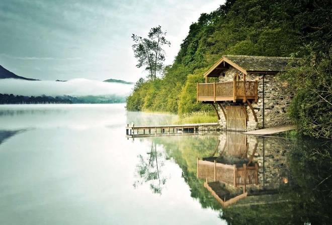 house, shore, lake, water, mist, tree