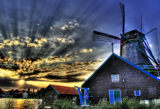 mills, sky, clouds, grass, house, sunlight, river