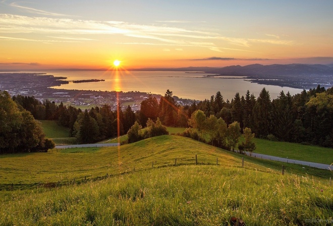 sunset, tree, mountain, grass, sky, clouds, hills, ocean