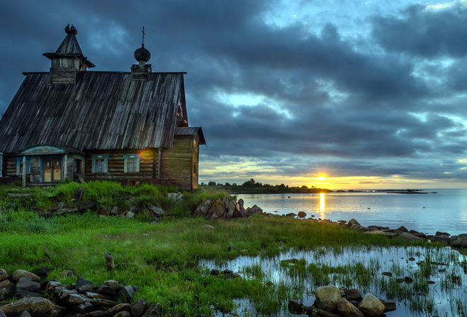 house, old, lake, water, grass, sky