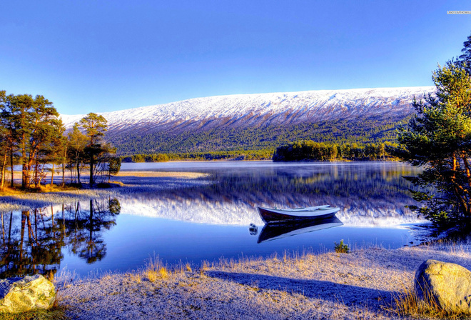 boat, lake, water, rock, mountain, sky