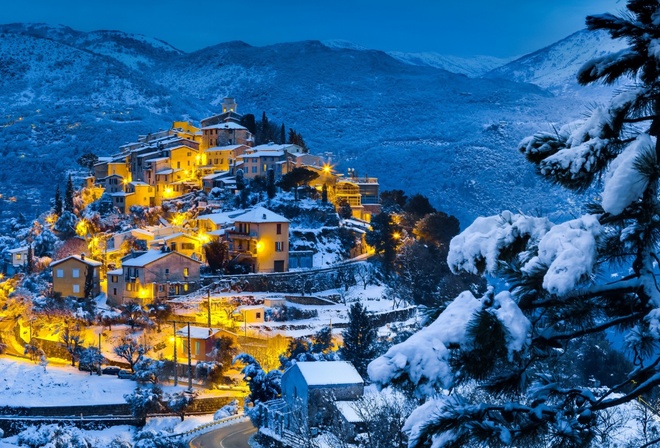 village, ligths, winter, snow