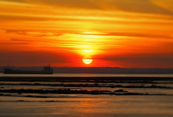 sunset, sky, ocean, ship, water