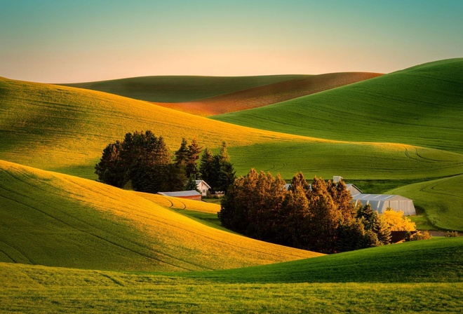 hills, houses, grass, green