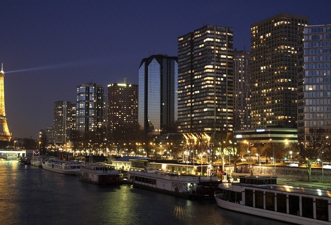 paris, france, tower, eiffel, river, night, lights