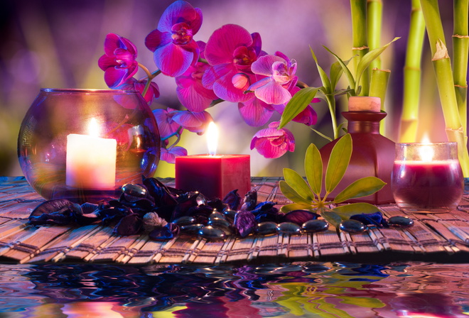 ,  , , , , , , Spa, Spa stones, candles, water, bamboo, flowers, orchids