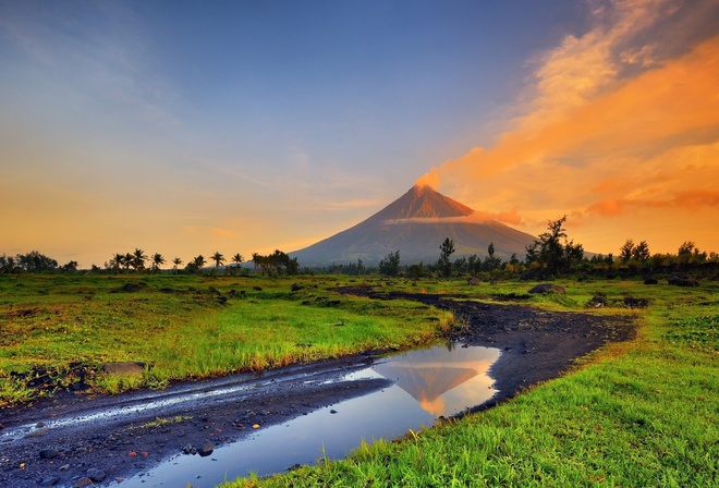 mayon, volcano, river, mountain