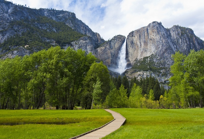 yosemite, waterfall, water, mountain, path, tree, green