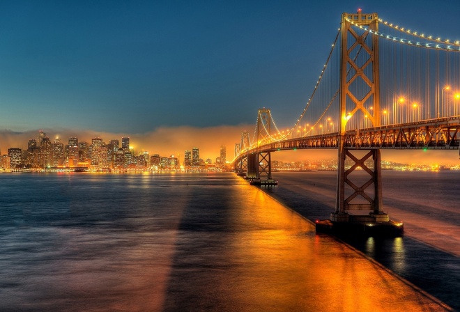 san francisco, golden gate, bridge, water, city, light, night