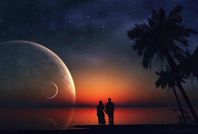 sunset, couple, moon, sky