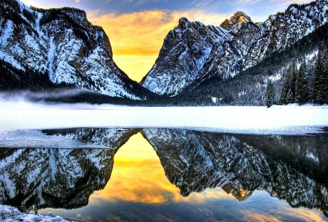 lake, mountain, tree, forest, water, sky, blue, rock