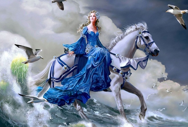 riding, princess, horse, white