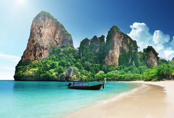 boat, ocean, mountain, water