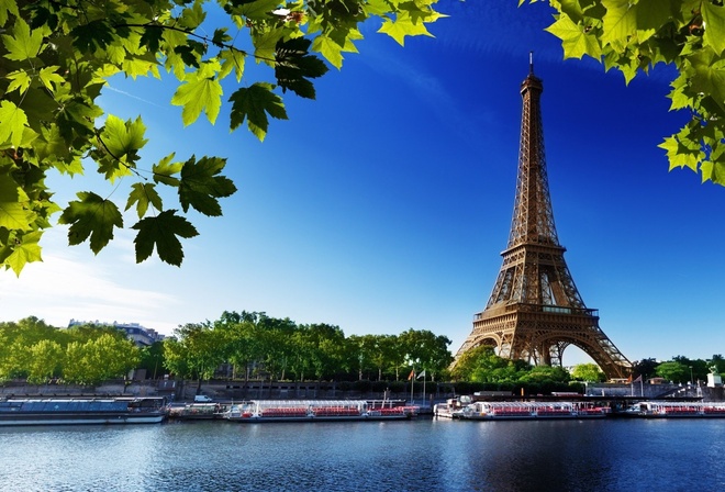 eiffel, tower, city, paris, france, water, boat, river