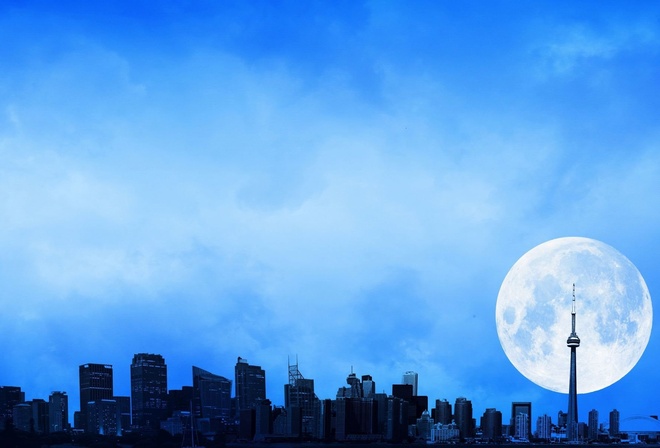 moon, full, sky, city