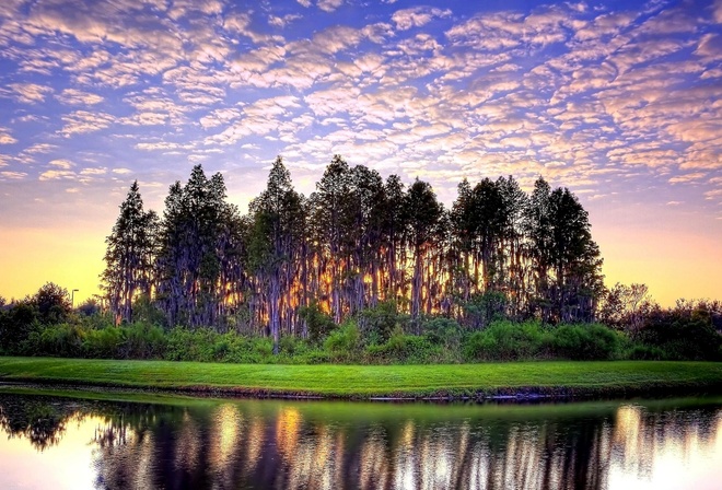 river, trees, water, sky, clouds