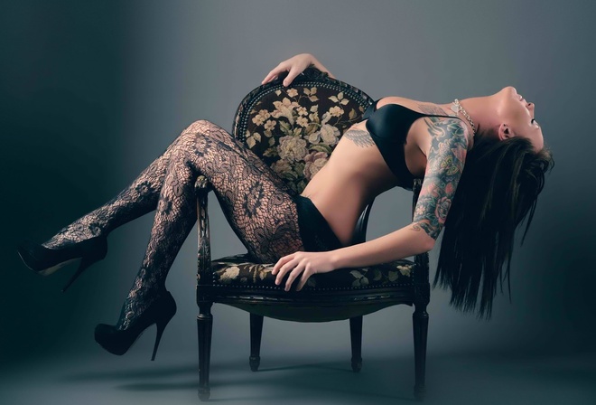 tattoo, brunette, sexy, stockings, body