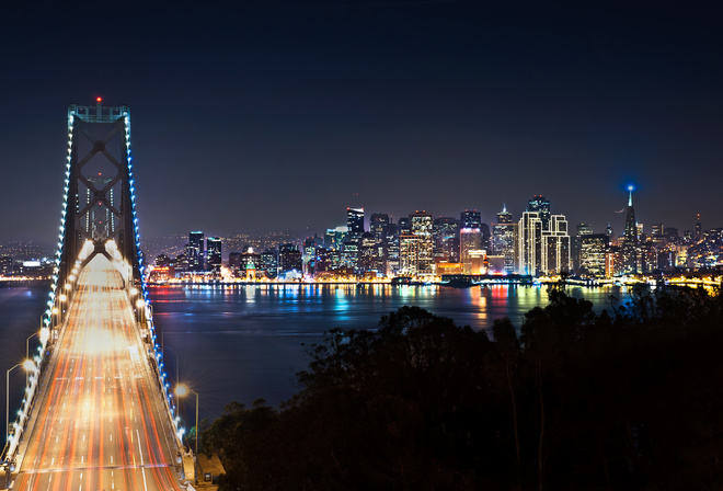 Bridges, sky, san francisco, night, lights