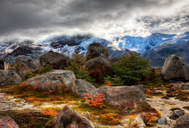 Argentina, Mountains, slope, vertices, stones, shrubs