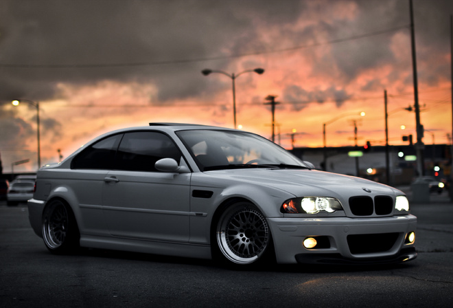 BMW, white, city, sky, sunset