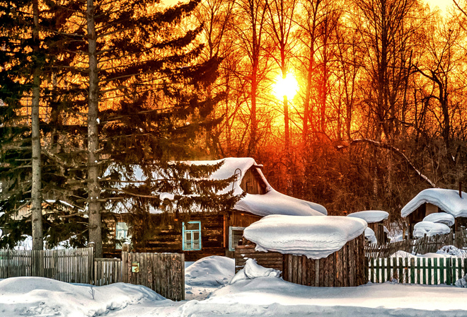 sunrise, forest, cottage, snow, tree, winter