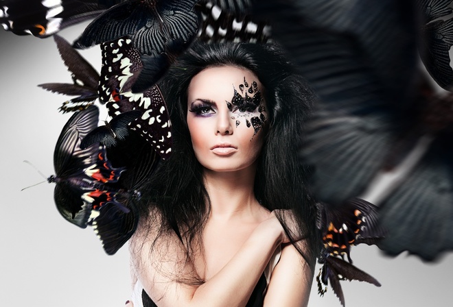 girl, makeup, face, Butterflies, Photoshop