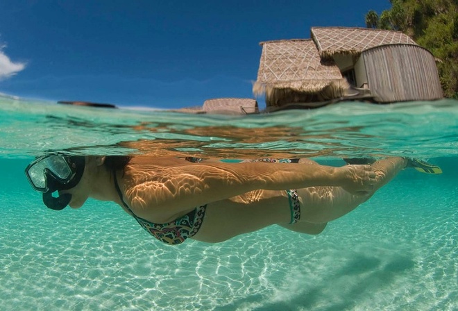 snorkelling, girl, bora-bora, ocean