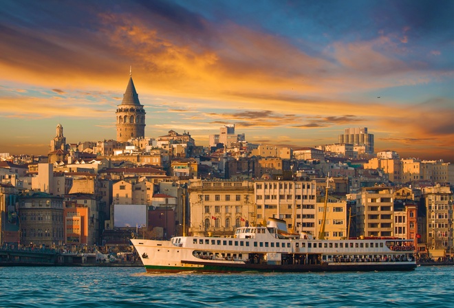 Istanbul, turkey, buildings, Sea of Marmara, city, Galata Tower, ferry, ship, nature, landscape