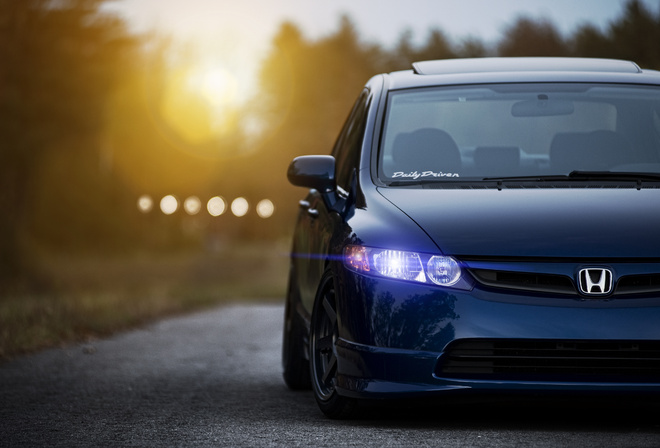 civic, blue, civic, blue, honda, sunset, front, honda, sedan