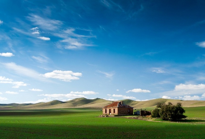 hills, house, sky, clouds, grass